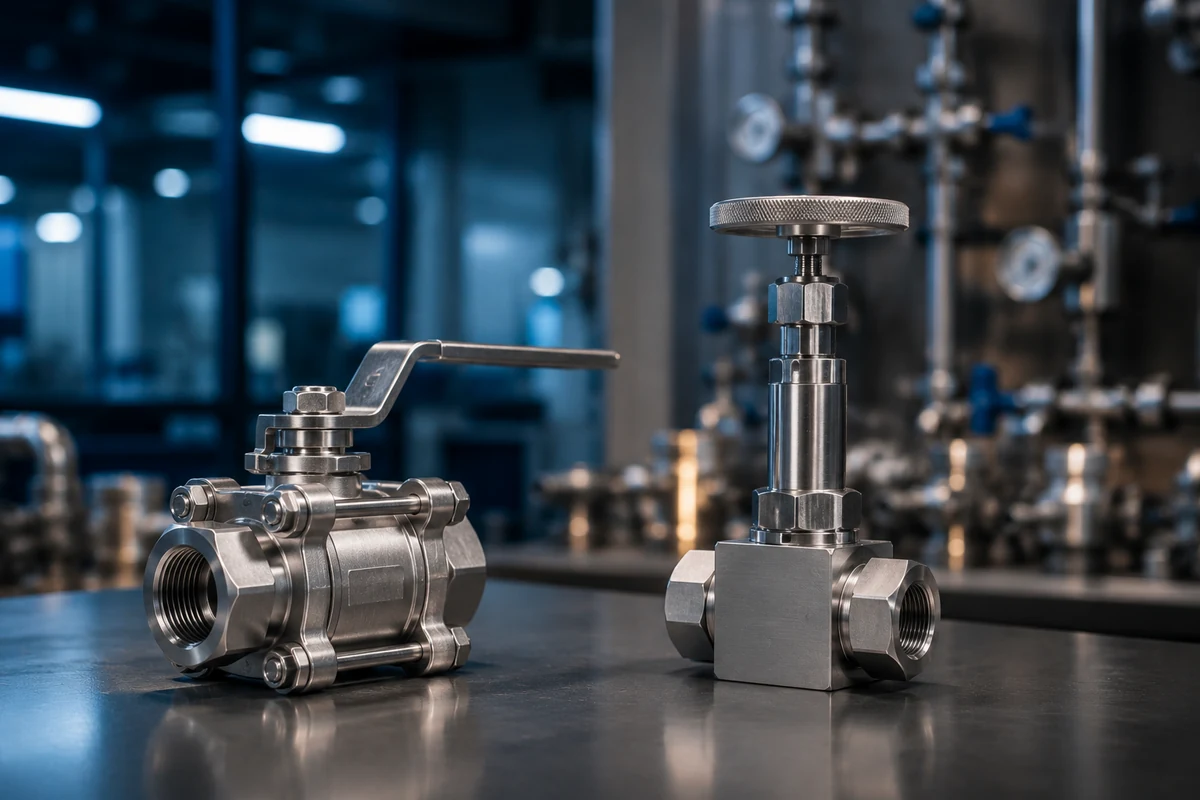 Stainless steel ball valve and needle valve for high-pressure fluid control