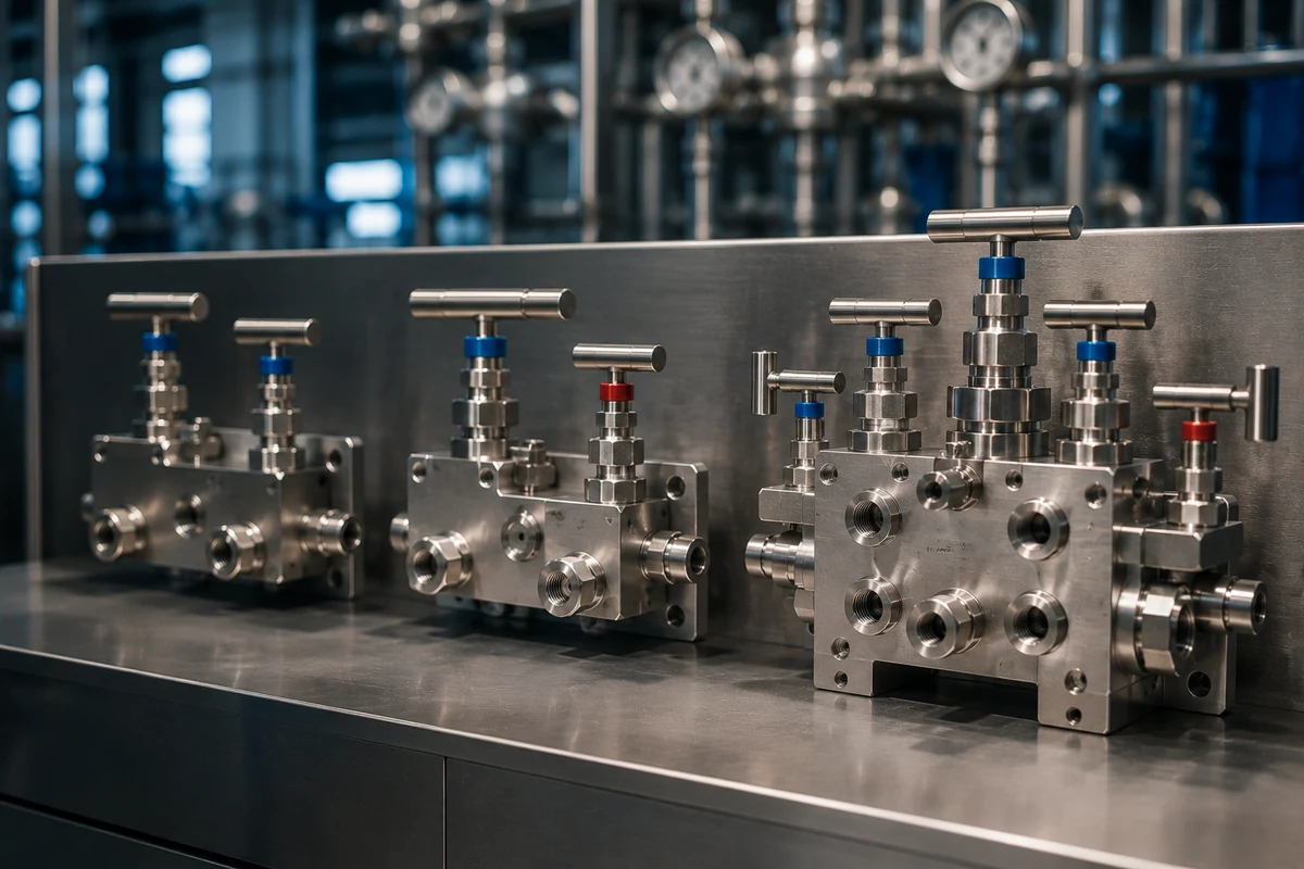 Stainless steel 2-valve, 3-valve, and 5-valve instrumentation manifolds